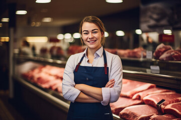 Portrait of Smiling female butcher standing with arms crossed in modern meat shop.