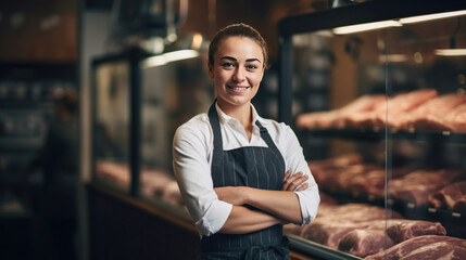 Portrait of Smiling female butcher standing with arms crossed in modern meat shop.