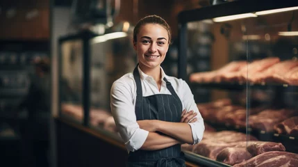 Fotobehang Portrait of Smiling female butcher standing with arms crossed in modern meat shop. © Wararat