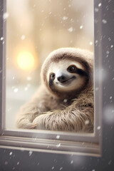 Smiling Sloth in Winter Vibes in a cozy woolen hat and scarf, set in a charming winter atmosphere. Witness the gentle snowfall, bringing the holiday and winter spirit to these enchanting scenes. 