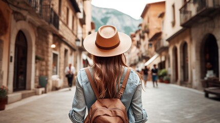 Rear view of young female tourist wearing hat on European street with old buildings