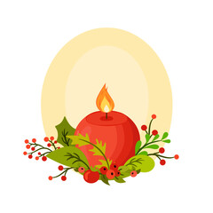 Christmas composition with red candle, leaves and berries. Clipart for winter holidays design