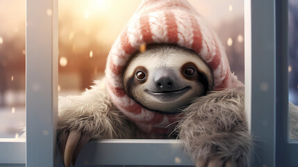 Smiling Sloth in Winter Vibes in a cozy woolen hat and scarf, set in a charming winter atmosphere. Witness the gentle snowfall, bringing the holiday and winter spirit to these enchanting scenes. 