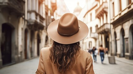 Rear view of young female tourist wearing hat on European street with old buildings
