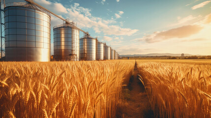 Silos in wheat field. Storage of wheat production.