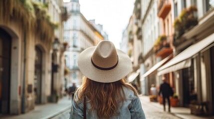 Rear view of young female tourist wearing hat on European street with old buildings