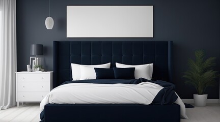 Modern luxury dark blue bedroom interior 02, Mock-up frame in bedroom, Generative AI, Generative, AI