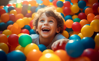 Fototapeta na wymiar Playful Bliss: Illustrating a Happy Child's Joy at the Indoor Ball Pool Playground