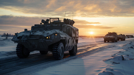 Fototapeta premium armored vehicle convoy, glowing citadel, setting sun, snow trails, post-apocalyptic survival