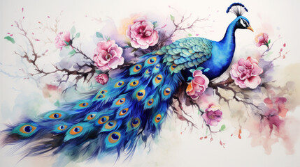 A beautiful peacock painted with watercolor with flowers.