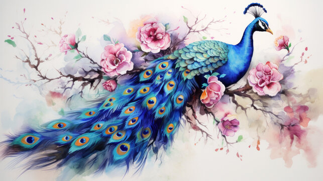 A beautiful peacock painted with watercolor with flowers.