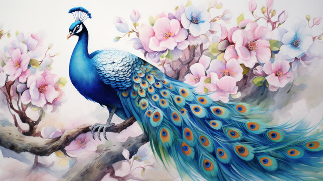 A beautiful peacock painted with watercolor with flowers.