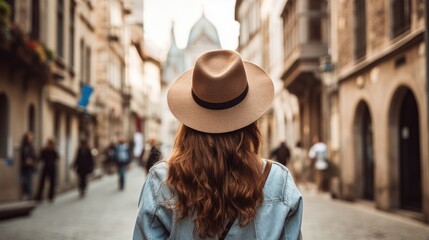 Rear view of young female tourist wearing hat on European street with old buildings