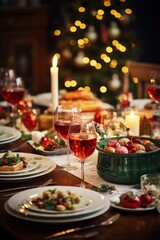 Obraz na płótnie Canvas Traditional 90s Christmas dinner table set with festive dishes and decor 