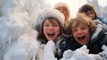 90s kids gleefully constructing a snow fort during joyous Christmas holidays  - obrazy, fototapety, plakaty