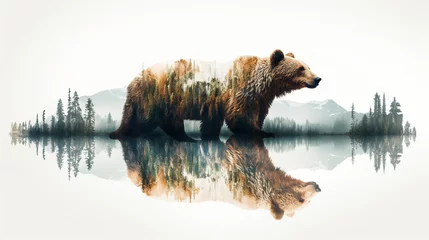 Foto op Aluminium Creative photo poster with double exposure with line icon of bear and text "always respect Mother Nature". Dark forest in the middle. © © Raymond Orton