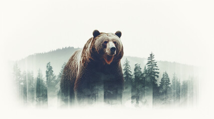 Creative photo poster with double exposure with line icon of bear and text "always respect Mother Nature". Dark forest in the middle.