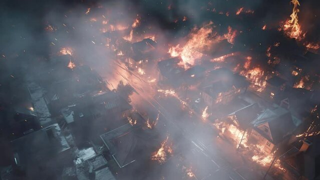 Neighborhood in Flames: Overhead View of Intense Fires and Billowing Smoke. 4K Seamless Looping Video Background.