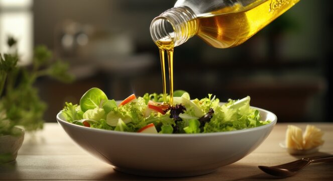 Vibrant Apple Cider Vinegar Pouring Over Fresh Salad Bowl For Natural Cleaning And Health