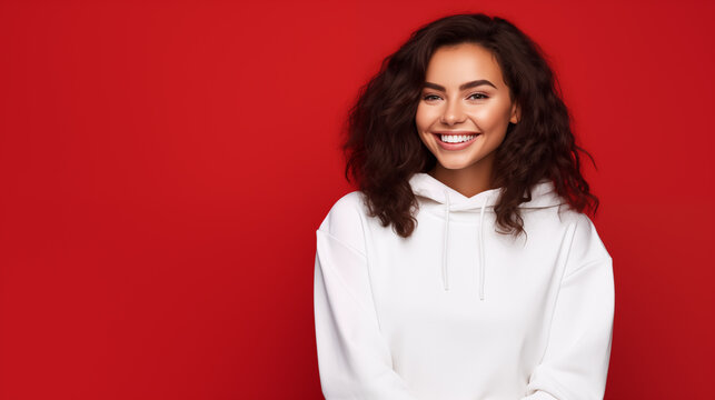 Young smiling woman wearing blank white hoodie isolated on a red background. AI