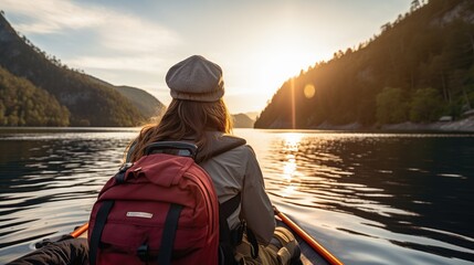 Rear view of young woman traveler with backpack on boat among mountains enjoying sunset