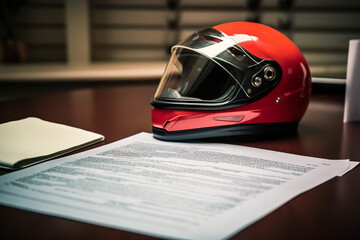 A motorcycle insurance document is laid out on a table, next to a motorcycle helmet - obrazy, fototapety, plakaty