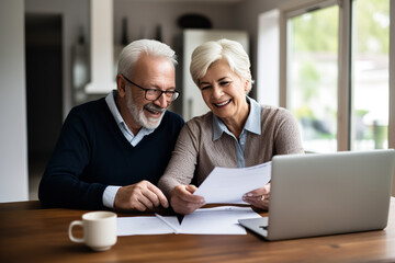 A senior couple sits on their living room sofa, going through retirement insurance paperwork and talking earnestly.