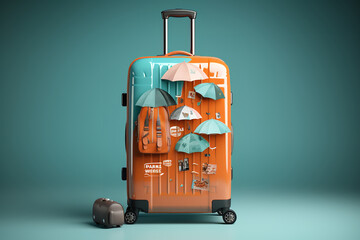 a packed suitcase with umbrellas , symbol of travel insurance - Powered by Adobe