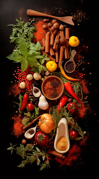 illustration. Artistic herbs and spices in the kitchen. herbalism, parapharmacy, traditional medicine concept. homeopathy