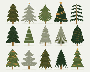 Winter christmas tree collection. Cartoon traditional fir trees decorated with balls sparkle snowflakes and presents, holiday season celebration vector set - 678601003
