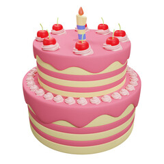 3D big pink tart with cherry and candle on top transparent background