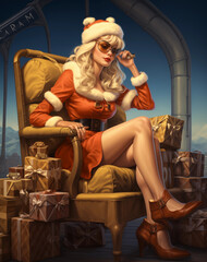 Obraz na płótnie Canvas Lady Claus pin UP gorgeous sitting on a chair christmas pin UP, ai generated 