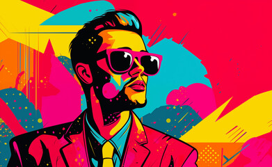 Nineties Revival: Dynamic Pop Art Fusion with Retro Vibes Featuring a Fashionable Man in Glasses