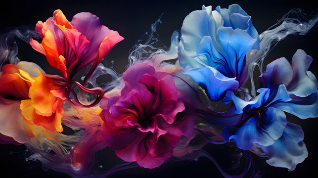 Luxurious ink bouquet nature. Very beautiful transparent creativity. Abstract artwork. Ink colors are amazingly bright, luminous, translucent background. Generative Ai.