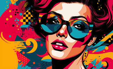 Melody in Colors: A vibrant pop art celebration of music and joy with a young woman with glasses




