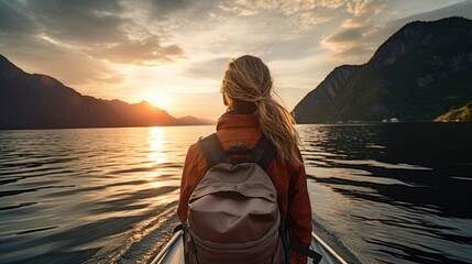 Rear view of young woman traveler with backpack on boat among mountains enjoying sunset