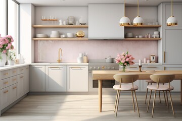 Fototapeta na wymiar Kitchen modern interior design with dining table, pot shelfs, sink and flowers. Created with Ai