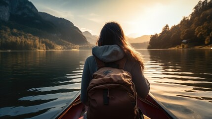 Rear view of young woman traveler with backpack on boat among mountains enjoying sunset
