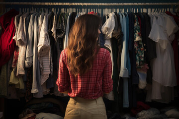 Woman selecting cloth from her closet, back facing camera. Concept of nothing to wear and getting dressed