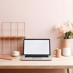 Laptop with blank white screen on office desk interior. Stylish rose gold workplace mockup table view