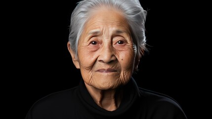 Asian  mature woman. Smiling confident aging model on black background. Grandmother