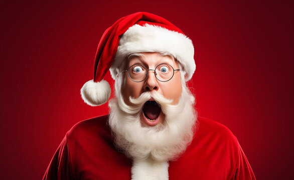 Hilarious Holiday Banner Featuring Santa's Unexpected Surprise. Shocked Santa Claus on a Red Background.