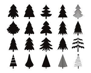 Black christmas tree icons. Seamless print of winter holiday trees with ornaments, snowflakes and presents. Vector monochrome background - obrazy, fototapety, plakaty
