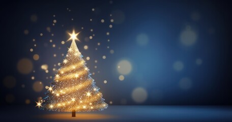 Christmas tree with golden glitter and star on night background with copy space for text 