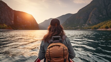 Rear view of young woman traveler with backpack on boat among mountains enjoying sunset