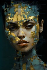 Portrait artwork of woman because of rotten and rust peeling paint with gold green white colors