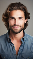 Obraz premium Portrait of a handsome smiling Caucasian man with a unique haircut and casual clothes