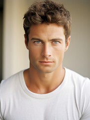 Obraz premium Portrait of a handsome smiling Caucasian man with a unique haircut and casual clothes