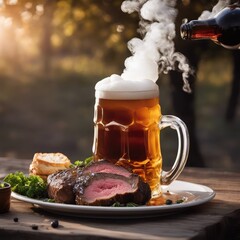 A large beer mug, a bottle of beer, with foam overflowing from the rim. The beer bubbles float in the air