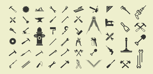 Set of icons related to labor, construction, labour day, renovation. ladder  anvil icon collection.